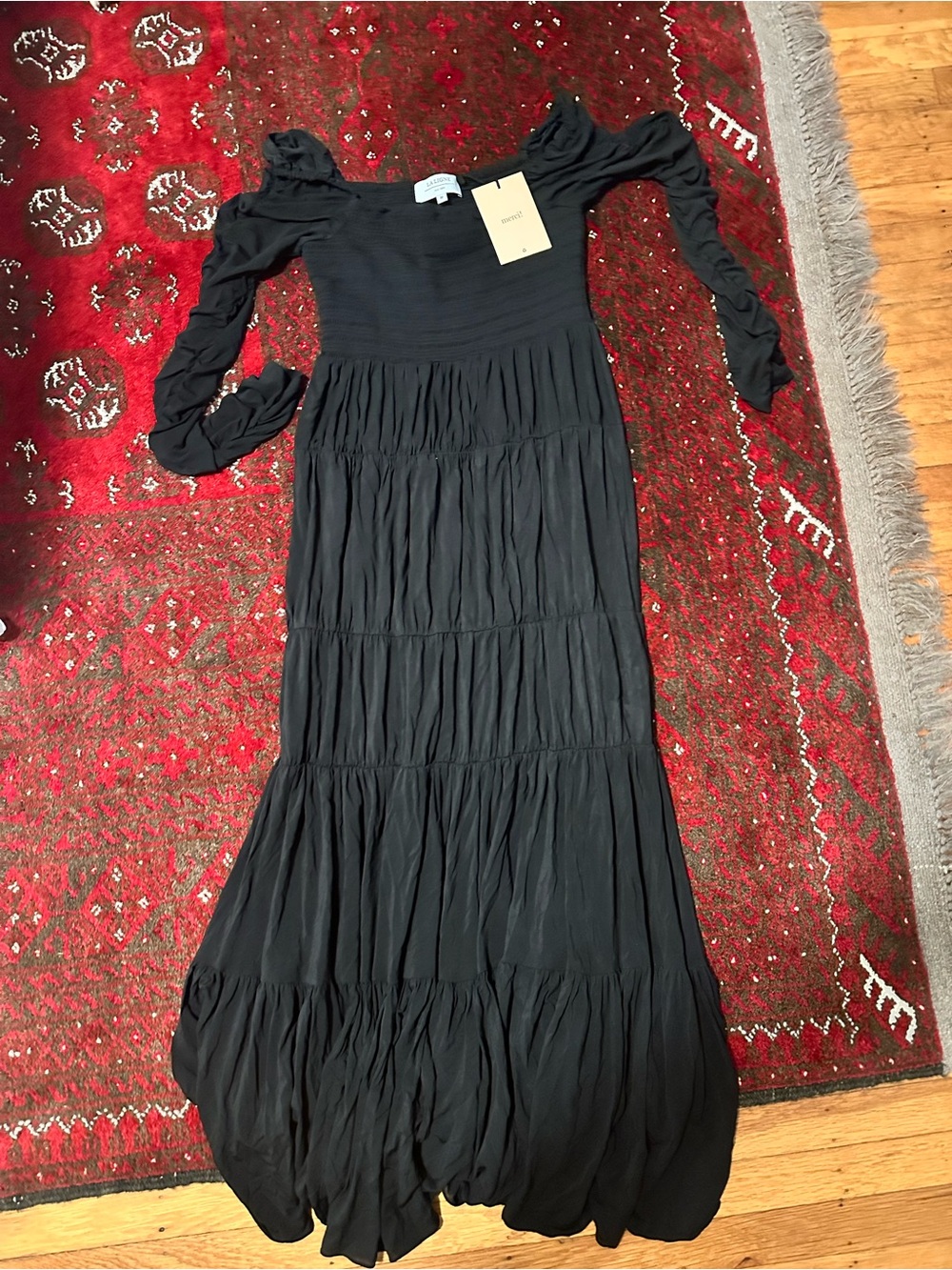 NWT La Ligne MARELLA Black Tiered Dress with Ruched Long Sleeves